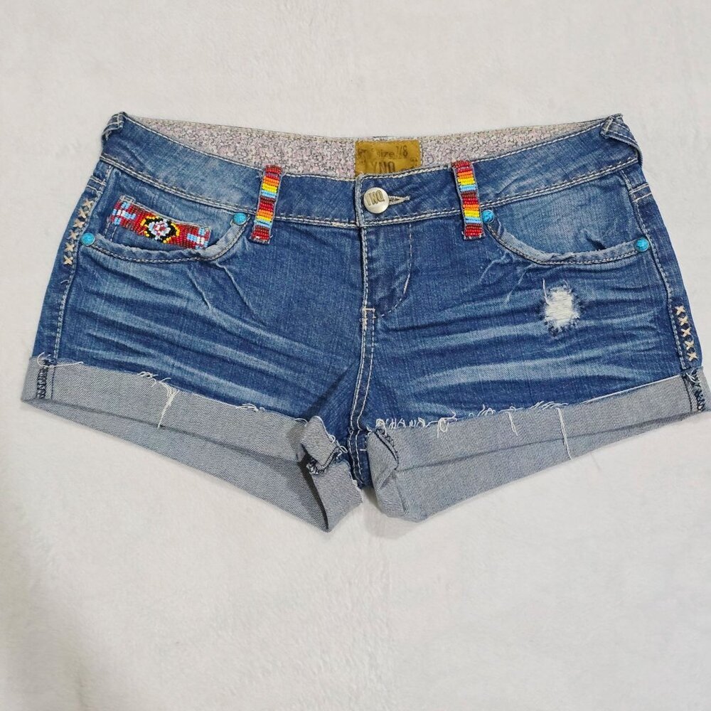 YNO ✦ Boho Denim Shorts ✦ Distressed Blue Cutoffs w/ Woven Waistband Sz 7/8 NWOT